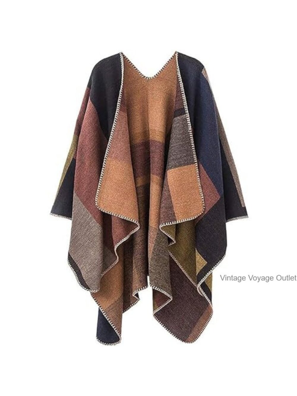 Reversible Plaid Poncho Wrap Open Front Oversized Cardigan Shawl Cape